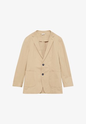 Beige blazer van gladde stof. Heeft een notch lapel, twee voorzakken en twee blauwe knopen. Lange mouwen met strakke lijnen.