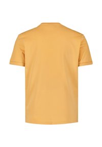 Geel T-shirt met korte mouwen van katoen, met een ronde hals en een gladde textuur, weergegeven met de achterkant naar de kijker gericht.