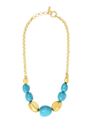 Collier chaîne en or avec perles alternées turquoise brillantes et or lisse de forme irrégulière. Fermoir avec maillons réglables.