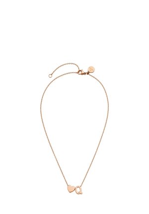 Delicate gold chain necklace with a small heart charm and a letter Q charm connected at the center, with an adjustable clasp closure.