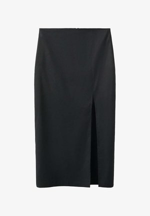 Falda lápiz negra hasta la rodilla con una abertura central frontal, fabricada con tejido suave, diseñada para una silueta ajustada.