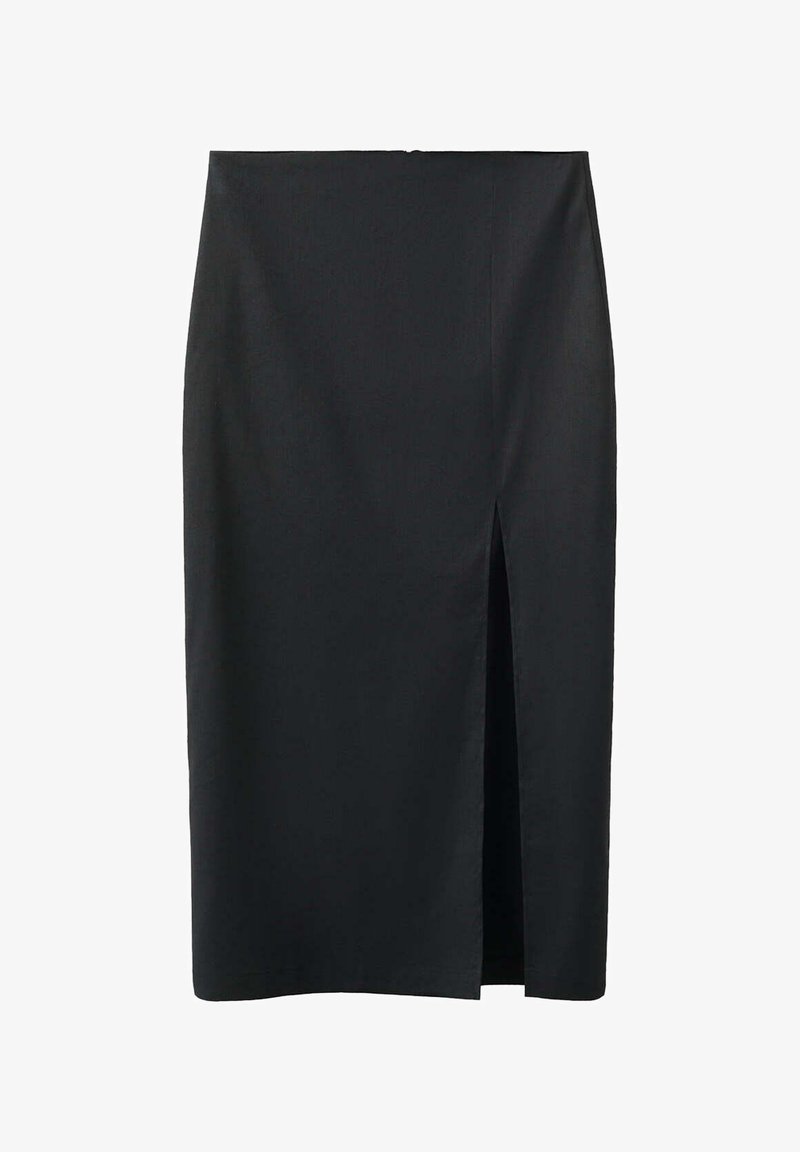 Jupe crayon noire longueur genou avec une fente centrale à l'avant, en tissu lisse, conçue pour une silhouette ajustée.