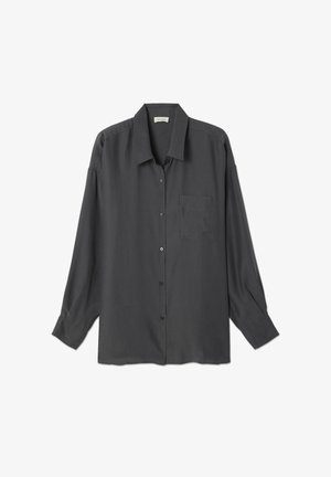 Dark gray long-sleeve button-up shirt with a pointed collar and chest pocket, laid flat on a white background.