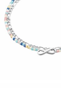 Pulsera de cadena de plata con cuentas coloridas en rosa, azul y amarillo. Terminada con un cierre en forma de símbolo de infinito.