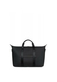 Borsa nera in tessuto resistente con due manici e chiusura a zip. Presenta un design minimalista e un fondo piatto per maggiore stabilità.