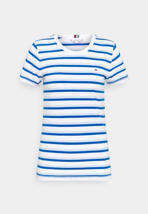 T-shirt blanc avec des rayures horizontales bleues, col rond, manches courtes et petit logo sur la poitrine. Fabriqué en tissu lisse et extensible.