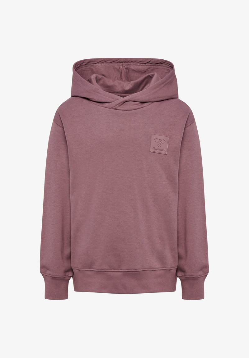 Fioletowa bluza z kapturem o teksturowanym wykończeniu, z krzyżującym się dekoltem i małą naszywką z logo na piersi. Długie rękawy z prążkowanymi mankietami.