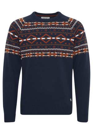 Tengerészkék kötött pulóver geometrikus mintákkal narancssárga és fehér színben. Kerek nyakkivágás, bordás mandzsetták és szegély. Klasszikus fazon, meleg tapintás.