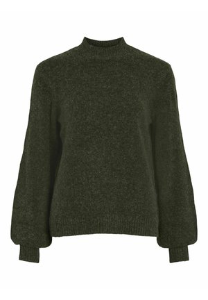 Suéter de punto verde oscuro con cuello alto, mangas largas y un corte relajado. Presenta puños y dobladillo de canalé para agregar textura y detalle.