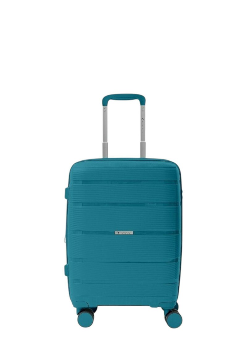 Valigia rigida da trasporto in blu acqua con strisce orizzontali testurizzate, manico telescopico in argento regolabile e quattro ruote girevoli.