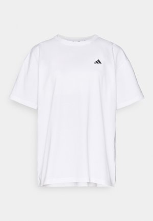 Άσπρο βαμβακερό T-shirt με στρογγυλή λαιμόκοψη, κοντά μανίκια και μαύρο λογότυπο Adidas στο αριστερό στήθος. Απλός, χαλαρός σχεδιασμός.