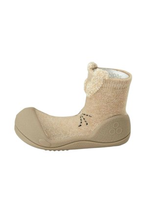 Blødt beige småbørns sko med fleksibel gummisål, strikket overlæg og bamseansigtsbroderi med ører på ankelmanchetten.