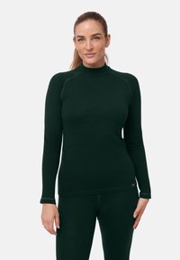 Dark green long-sleeve top with a mock neck, ribbed texture, and contrasting seams. Made of stretch fabric, designed for comfort and mobility.