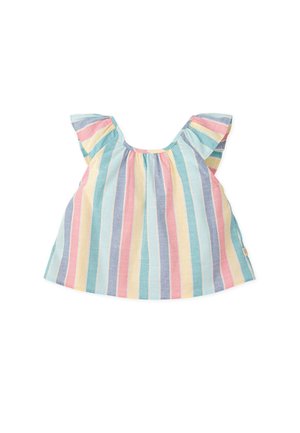 Top sin mangas a rayas en colores pastel, con mangas con vuelo y escote redondeado. Fabricado con tela ligera de textura suave.