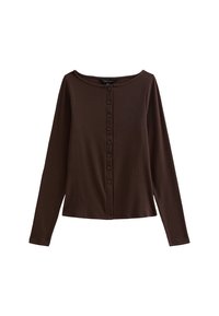 Bruine lange mouwen top gemaakt van rib materiaal, met een ronde halslijn en een knopenlijst aan de voorkant.