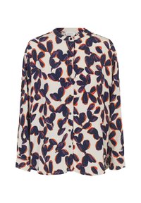 Blusa a maniche lunghe con collo rotondo, caratterizzata da una base cream ricoperta di motivi floreali blu scuro e arancione. Bottoni lungo la parte anteriore.