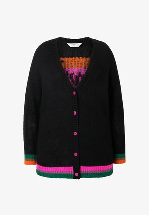 Schwarze Strickjacke mit V-Ausschnitt, fünf rosa Knöpfen und bunten gestreiften Akzenten am Saum in Grün, Pink, Orange und Lila. Strukturierter Strickdesign.