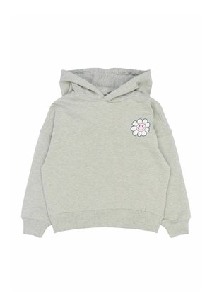 Szary kaptur w miękkim materiale z grafiką uśmiechniętego kwiatu na lewej piersi. Zawiera kieszeń typu kangurka i ściągacze przy mankietach.