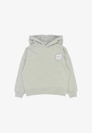 Pilkas gobtuvu džemperis, pagamintas iš minkštos medžiagos, su besišypsančios gėlės grafika kairėje krūtinės pusėje. Įeina kengūros kišenė ir gipiūriniai rankogaliai.