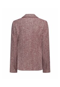 Blazer in fantasia a spina di pesce rosso e crema, con colletto a risvolto, maniche lunghe e finitura in tessuto testurizzato.