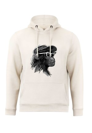 Cremiger Hoodie mit einem grafischen Druck eines Affen, der eine Brille und eine Baskenmütze trägt. Das Design beinhaltet subtile Texturen und eine große Kängurutasche vorne.