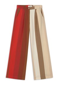 Pantaloni a gamba larga con strisce verticali in rosso, marrone, beige e avorio. Realizzati in un tessuto leggero, con tasche frontali e chiusura a bottone.