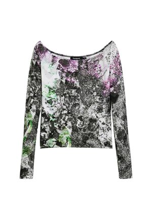 Top s dlouhým rukávem s abstraktním vzorem v černé, bílé, fialové a zelené barvě; lodičkový výstřih; vyrobeno z lehkého, elastického materiálu.