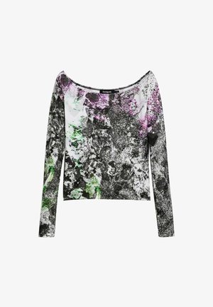 Ilga rankovė viršus su abstrakčiu raštu juodos, baltos, purpurinės ir žalios spalvų; laivagalio iškirptė; pagamintas iš lengvos, elastingos medžiagos.