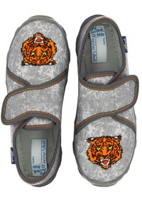 Chaussures en tissu gris avec un visage de tigre brodé orange sur chaque orteil. Fermeture à bande auto-agrippante et semelle en caoutchouc texturée pour une meilleure adhérence.