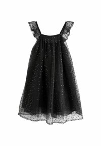 Robe noire en matériau transparent avec des détails en sequins. Dotée de bretelles volantes et d'une forme en A, créant une silhouette fluide.