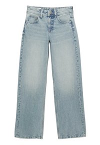 Jeans in denim azzurro chiaro a gamba larga con vita alta, dotati di cinque tasche, chiusura con bottone e leggera sbiaditura per un effetto usurato.