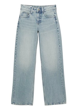 Svetlo modri raztegljivi wide-leg jeans z visokim pasom, ki imajo pet žepov, zategovanje na gumb in subtilno zbladenost za učinek obrabljenosti.