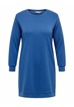 Abito azzurro a maniche lunghe realizzato in tessuto morbido e texturizzato. Presenta un collo rotondo e una linea dritta con orlo leggermente curvato.