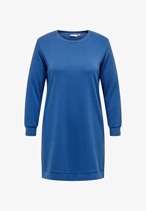 Mėlyna ilga rankovė suknelė, pagaminta iš minkštos, tekstūrinės medžiagos. Suknelė turi apvalų iškirpimą ir tiesų siluetą su šiek tiek lenktu apvadu.