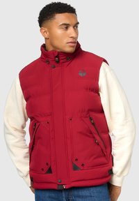 Chaleco acolchado rojo con cuello alto, detalles en negro, dos bolsillos delanteros con cremallera y un logo en el pecho. Llevado sobre una camiseta blanca de manga larga.