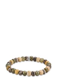Natural stone bracelet featuring a variety of textured beads in shades of green, brown, and beige, with a metallic logo accent.