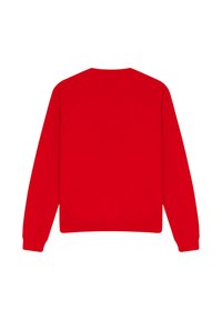 Red sweatshirt with long sleeves, crew neck, and ribbed cuffs. Made from soft fabric, featuring a solid color without patterns or graphics.