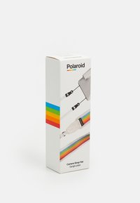 Polaroid-Kameragurt in weißer Verpackung mit einem flachen Gurt im mehrfarbigen Regenbogenmuster und Befestigungsclips.