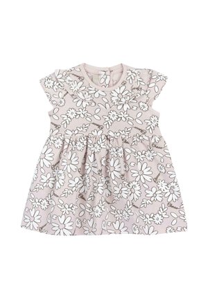 Robe de bébé rose clair avec imprimé floral marguerite blanche, petit col à volants, manches courtes et taille froncée.