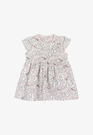 Robe de bébé rose clair avec imprimé floral marguerite blanche, petit col à volants, manches courtes et taille froncée.