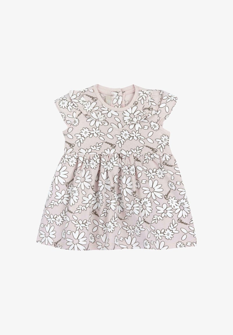 Robe de bébé rose clair avec imprimé floral marguerite blanche, petit col à volants, manches courtes et taille froncée.