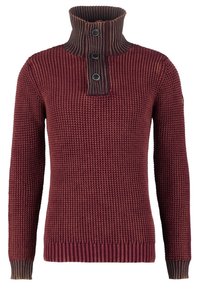 Bordeauxfarbener Strickpullover mit hohem, geripptem Kragen. Mit drei dunklen Knöpfen und kontrastierenden Rippungen an den Bündchen und dem Saum. Strukturiertes Gewebe.