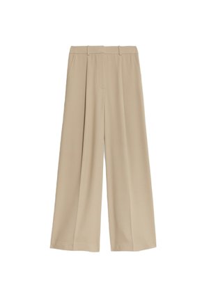 Pantalones de pierna ancha beige con una textura suave, que cuentan con dos bolsillos laterales y una cinturilla plana en el frente, diseñados para un ajuste relajado.