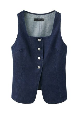 Dunkelblaue ärmellose Jeansweste mit U-Ausschnitt und vier silbernen Knöpfen vorne.