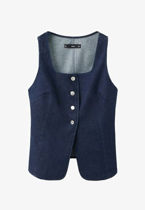 Donkerblauw mouwloos spijkervest met ronde halslijn en vier zilveren knopen aan de voorkant.