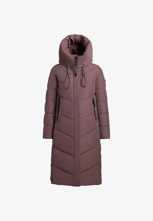 Pufferjack in mauve met een hoge kraag en capuchon. Voorzien van verticale en horizontale stiksels, twee met rits sluitende zijzakken en een ritssluiting aan de voorkant.