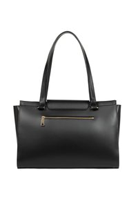 Borsa tote in pelle nera con un design strutturato, dotata di due tracolle e una tasca frontale con zip e dettagli in metallo dorato.