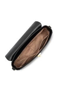 Borsa a mano in pelle nera con finitura liscia, dotata di un interno marrone morbido, chiusura a scatto dorata e numerosi scomparti per l'organizzazione.