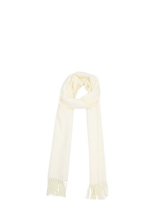 Sciarpa color crema realizzata in morbido tessuto, con estremità frangiate e una trama liscia. Forma rettangolare adatta a diverse opzioni di stile.
