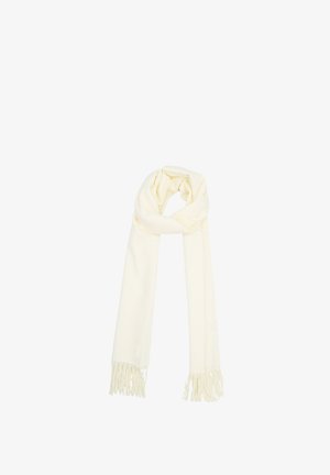 Sciarpa color crema realizzata in morbido tessuto, con estremità frangiate e una trama liscia. Forma rettangolare adatta a diverse opzioni di stile.